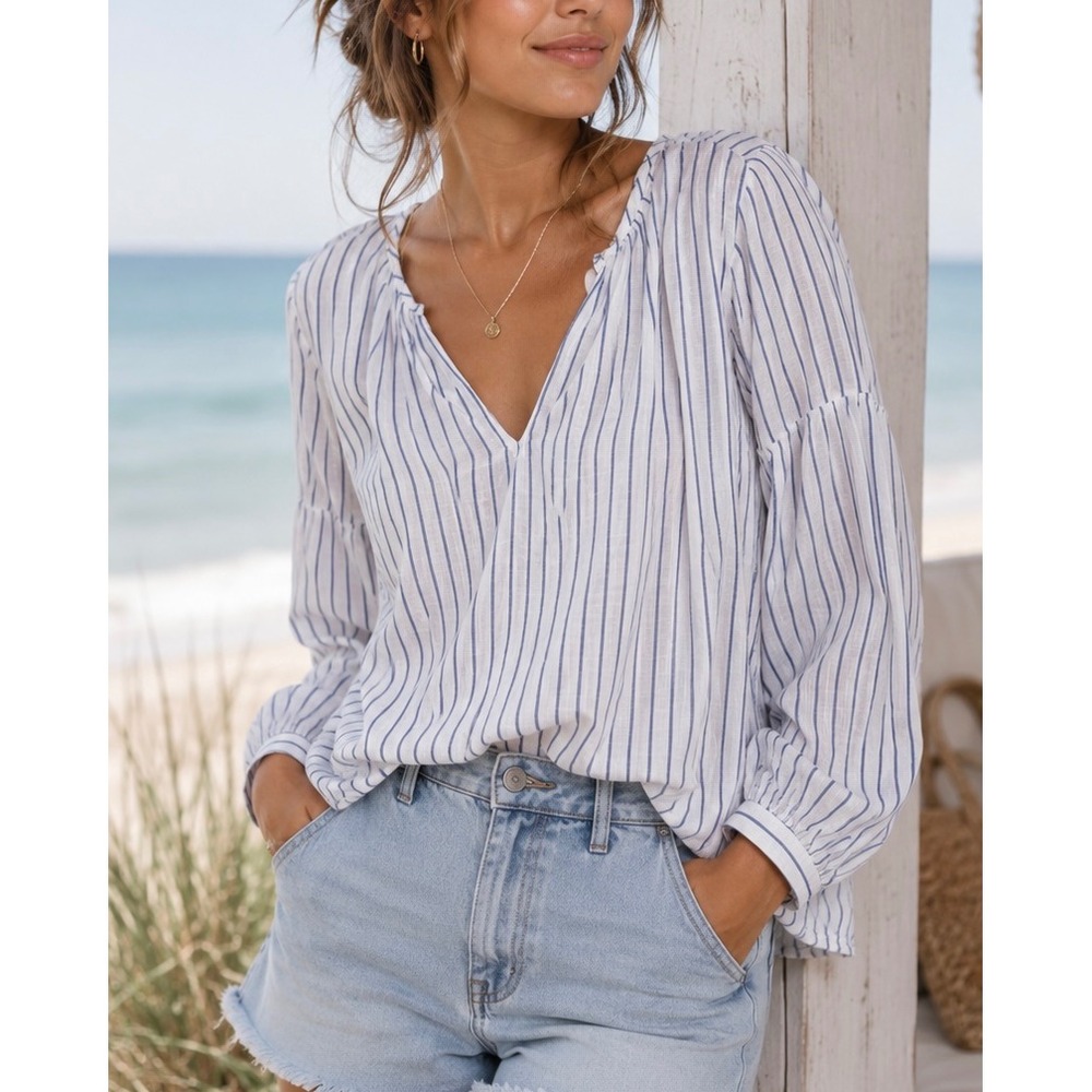 GAP Blue White Striped Blouse M Long Sleeve Lightweight V-Neck Tunic Top